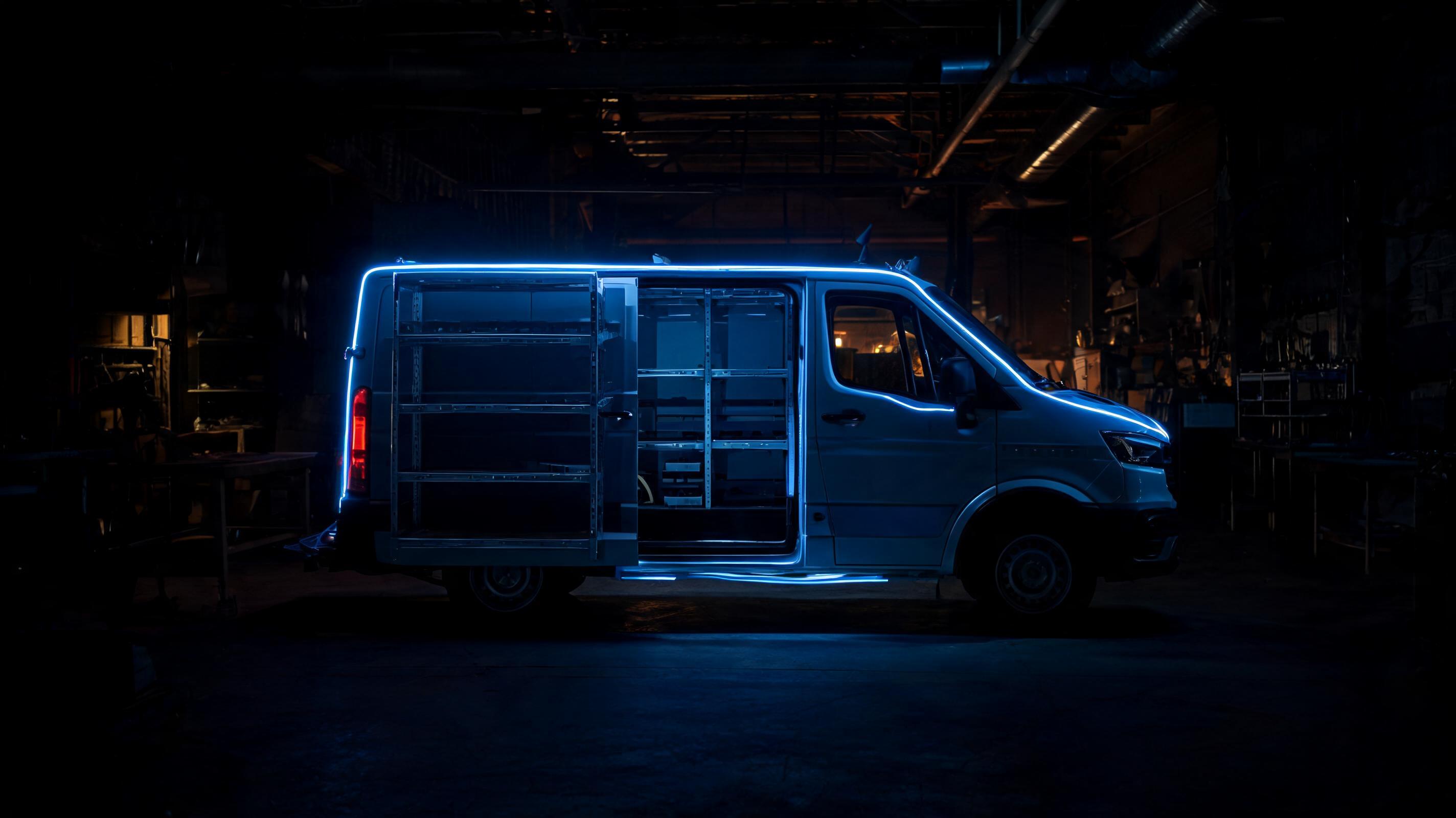 A service van mid-upfit in a dark fabrication shop, edge-lit in signal blue