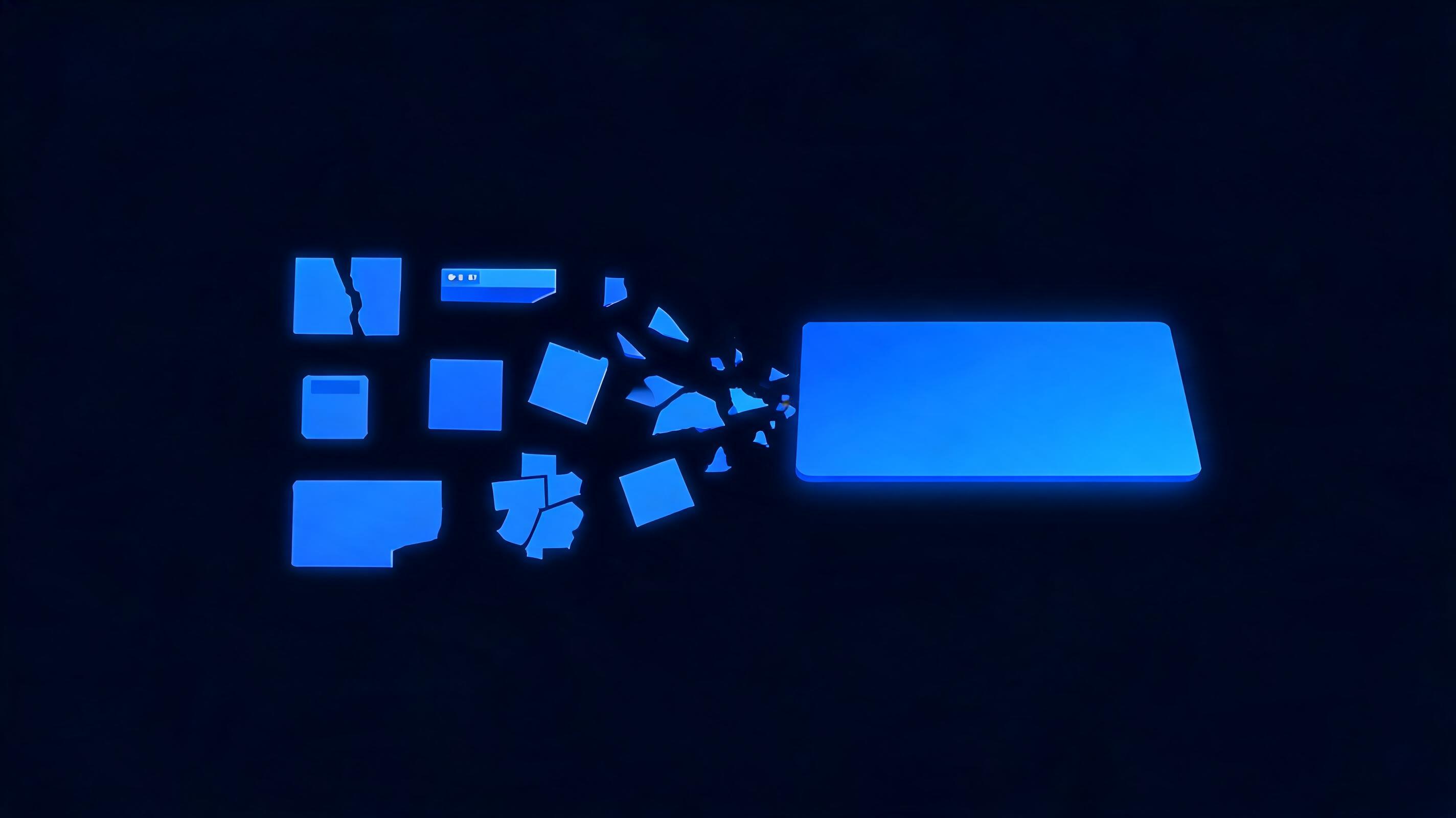 Abstract illustration of nine fragmented software panels collapsing into one unified glowing slab