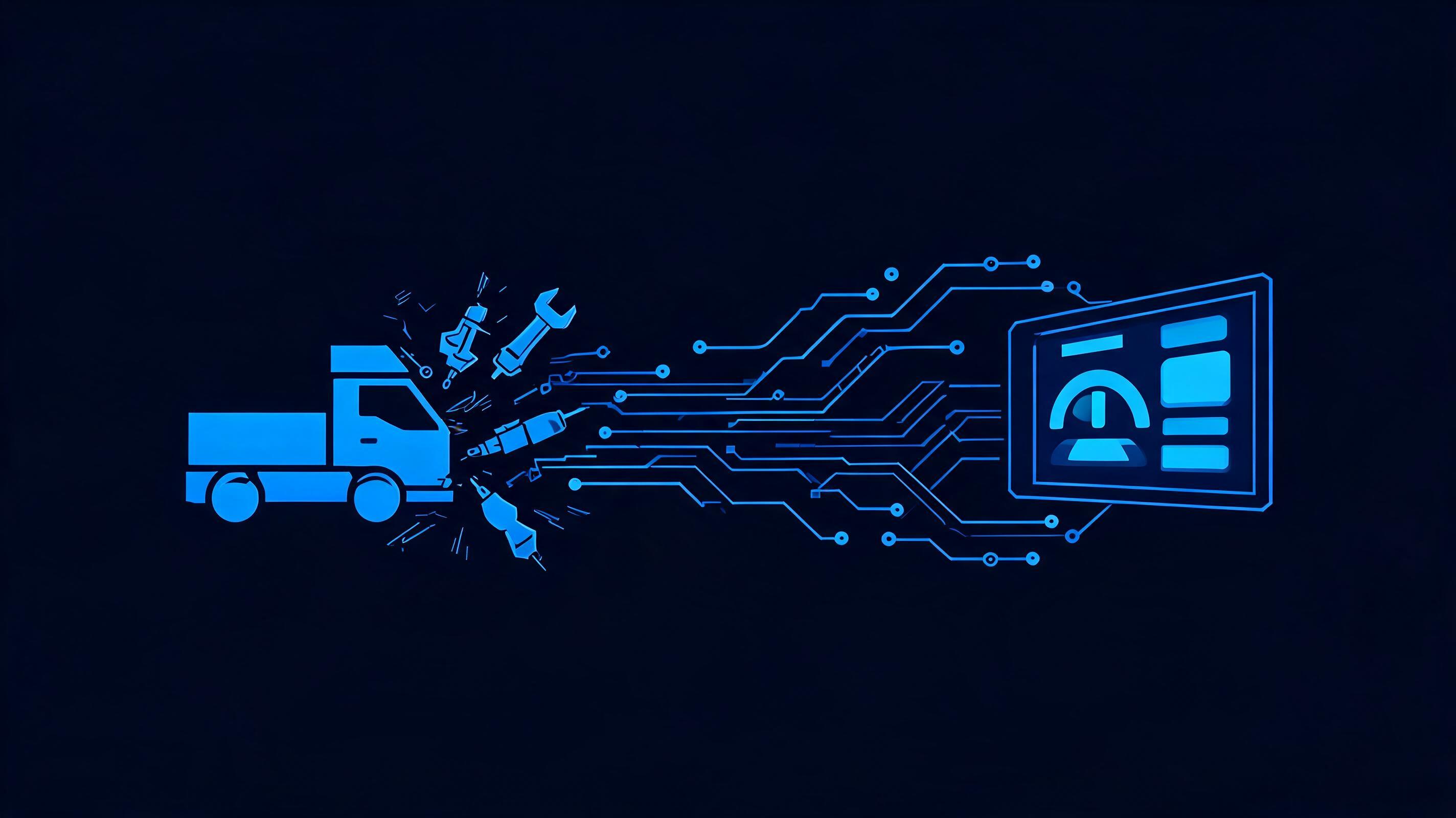 Abstract illustration of a service truck and tools dissolving into circuit lines feeding a dashboard